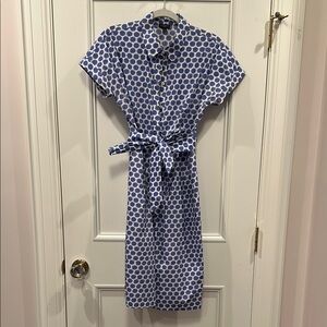 Talbots White and Blue Midi Dress with Mandarin Collar